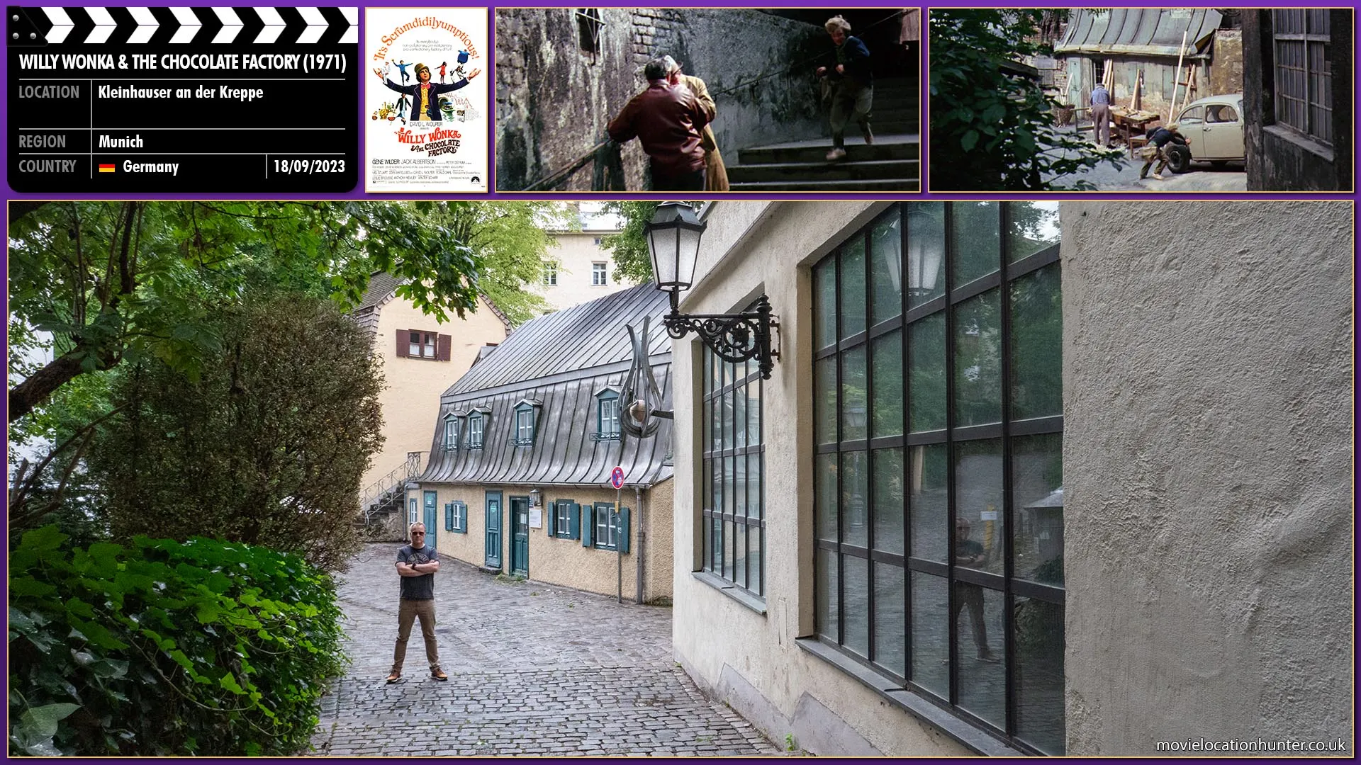 Filming location photo, shot in Germany, for Willy Wonka & the Chocolate Factory (1971). Scene description: Charlie (Peter Ostrum) discovers the last golden ticket and is transfixed as a crowd starts to surround and harass him.  Mr. Jopeck (Werner Heyking) manages to get Charlie away and tells him to run home and don't stop until he gets there!