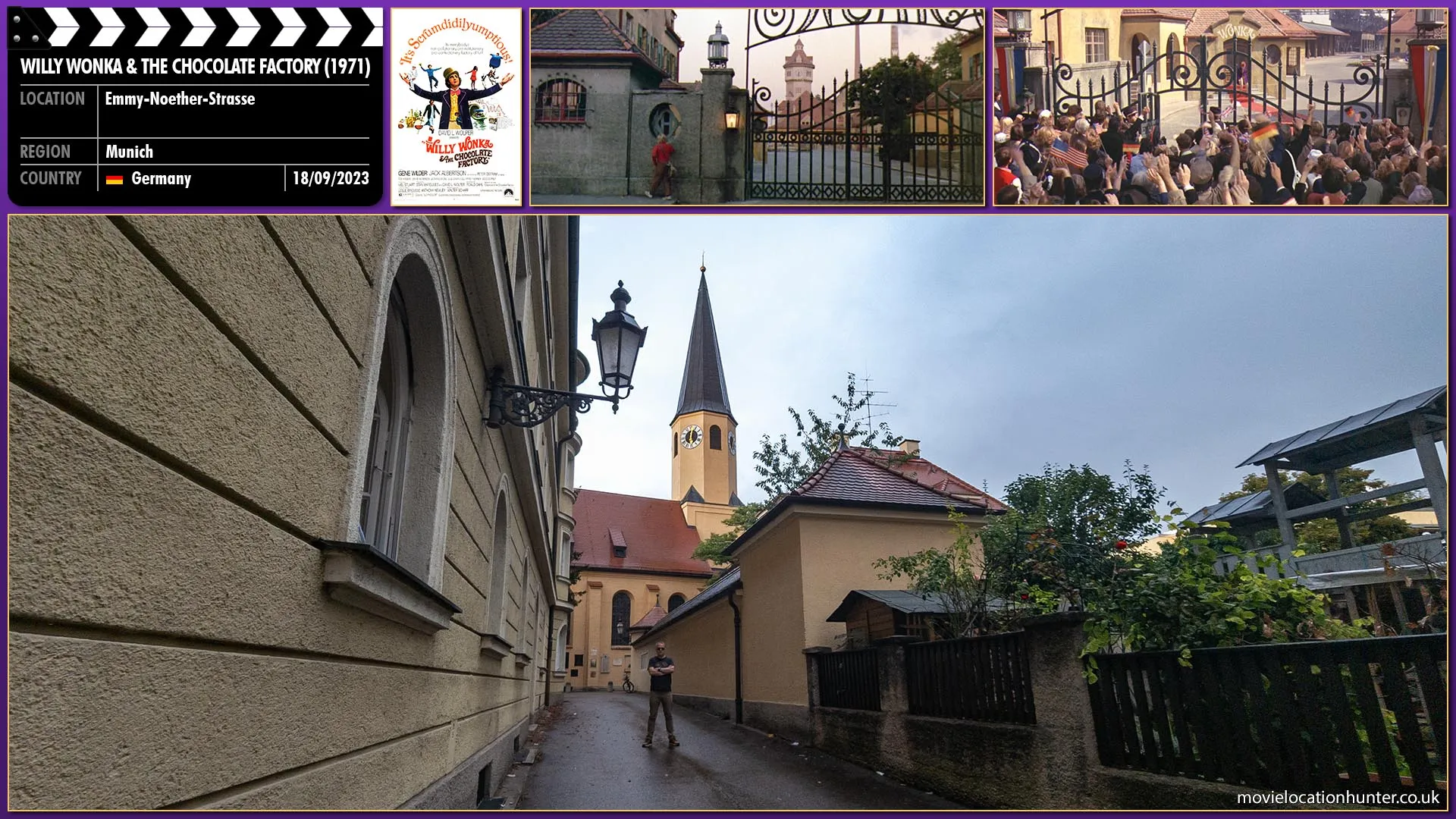 Filming location photo, shot in Germany, for Willy Wonka & the Chocolate Factory (1971). Scene description: Establishing shot of a church tower next to a school that various boys and girls (ages 7 to 12) explode out from at the end of the day and run to Bill's Candy Store to discover the latest Wonka confectionery.