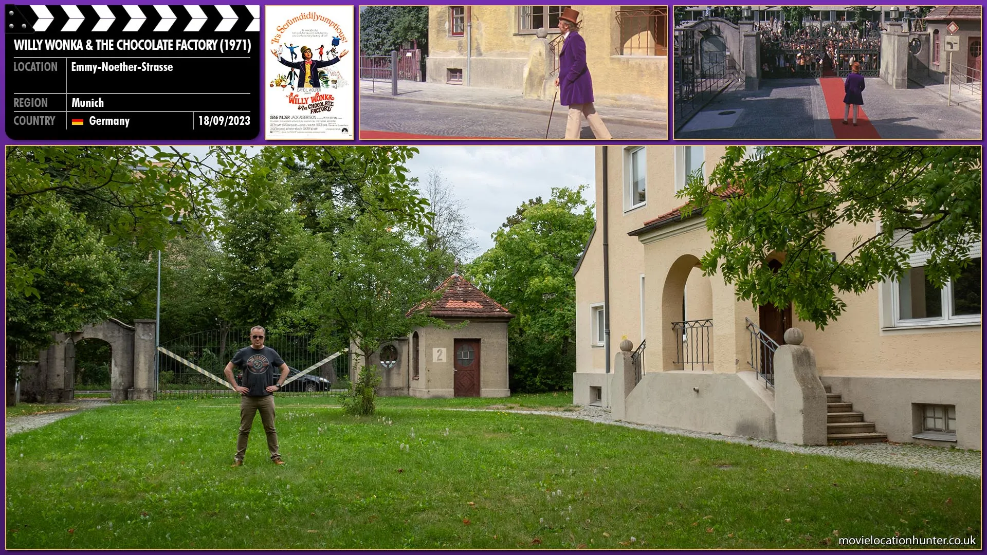 Filming location photo, shot in Germany, for Willy Wonka & the Chocolate Factory (1971). Scene description: Promptly at ten o'clock, a door opens. Out walks Willy Wonka (Gene Wilder) to the gasp of the awaiting crowd when they discover he is leaning heavily on a cane and follows a pathway on the pavement. He gets to the end of the path, and leaves the cane behind, stuck into the ground. And then he leans over and is about to fall...  finishes with a somersault.  The crowd applauds in delight.  opens the gates and leads the ticket winners inside.
