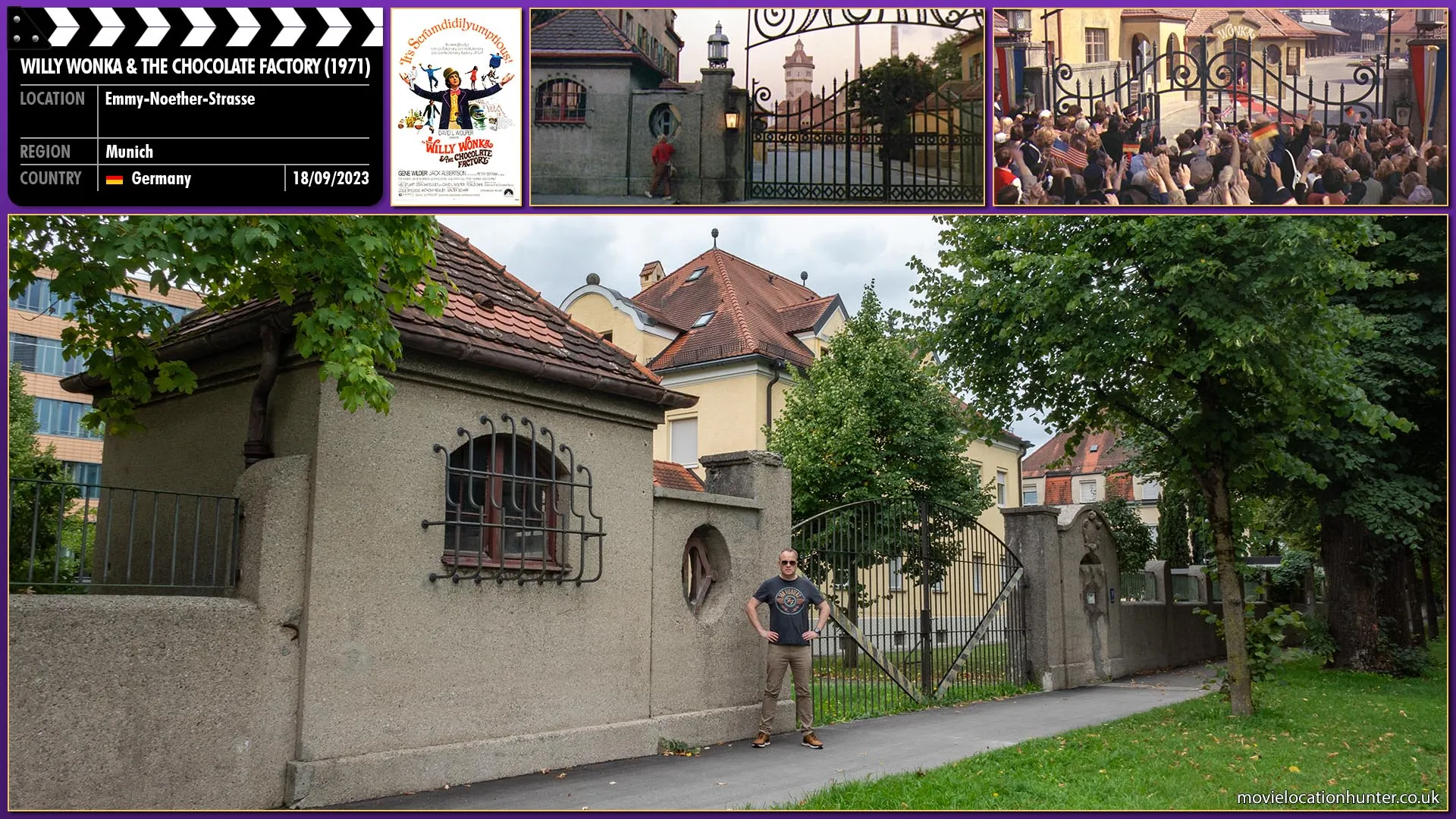 Filming location photo, shot in Germany, for Willy Wonka & the Chocolate Factory (1971). Scene description: The immense factory looms out of the mist. Massive iron gates extend across the entrance. Tall chimneys belch smoke. But not a soul is in sight, not a house nearby, and an air of mystery hangs over the mighty building. Above the gates, in enormous letters, we can just make out the word: WONKA.  (Peter Ostrum) is gripping the bars of the gates, pushing his small face through a gap in the bars, staring up at the factory windows.