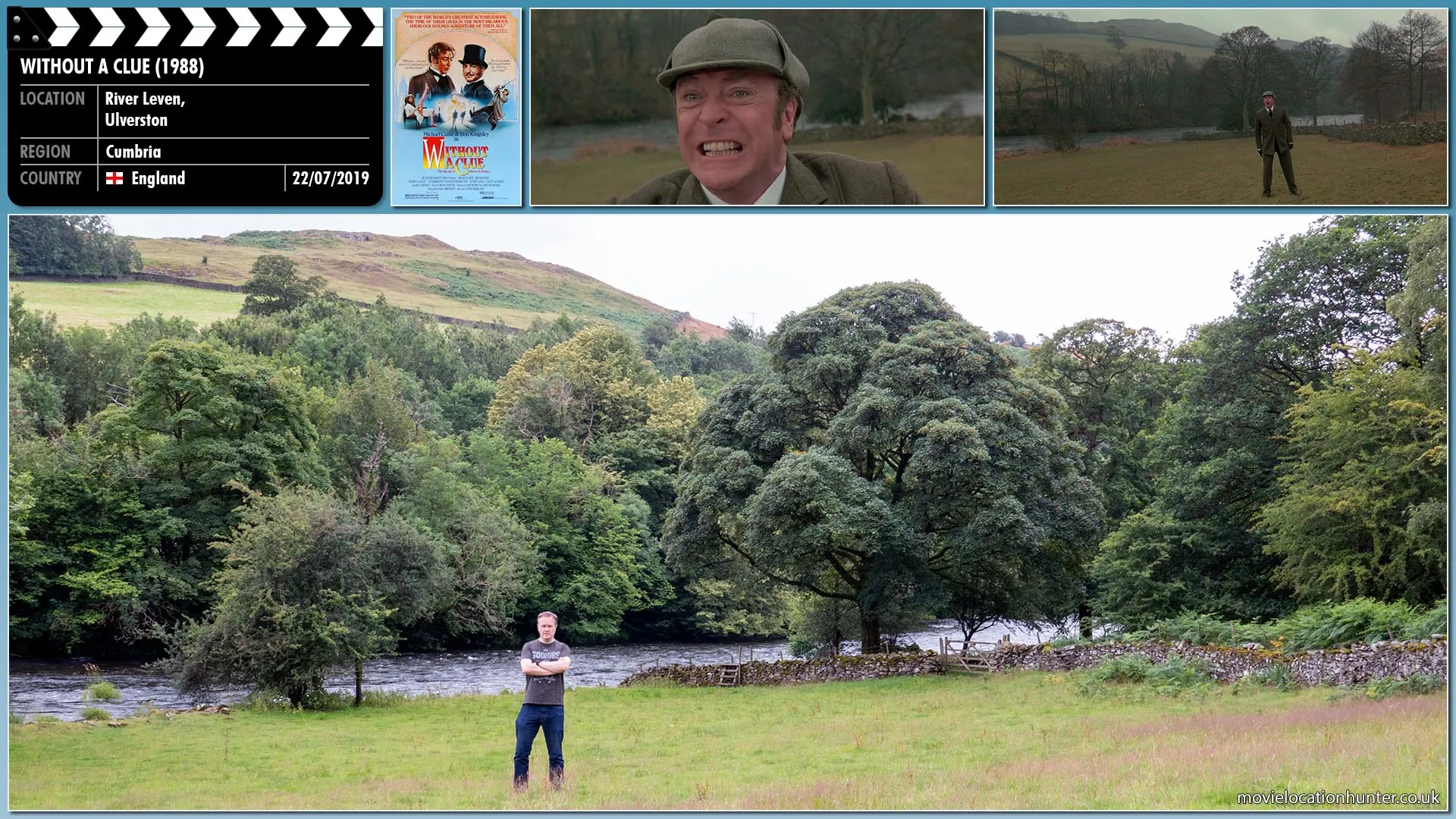 Filming location photo, shot in England, for Without a Clue (1988). Scene description: As Holmes (Michael Caine) gesticulates frantically with fear that Professor Moriarty (Paul Freeman) wants to kill him, Watson (Ben Kingsley) calms him down by reminding Holmes that Moriarty knows he's an idiot and is after Watson instead.